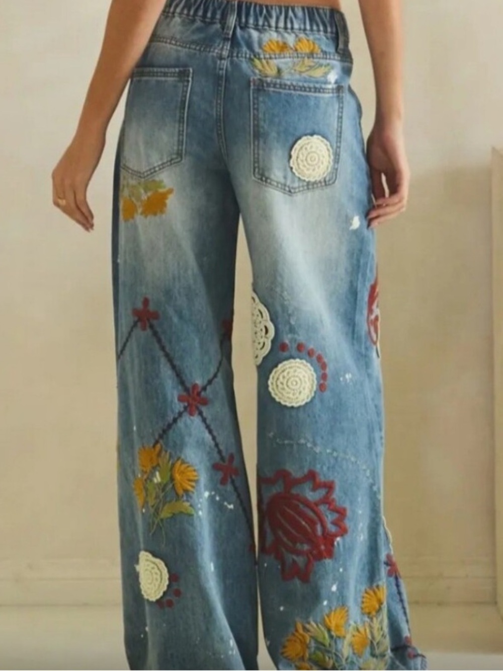 OLI & HALI Blue Wide-Leg Embroidered Patchwork Jeans Brand NEW sz XL - Picture 6 of 10